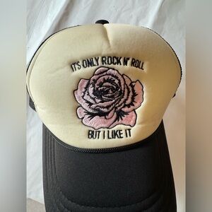 NWT Altar’d State Black and Cream Trucker Rose Hat with Graphic